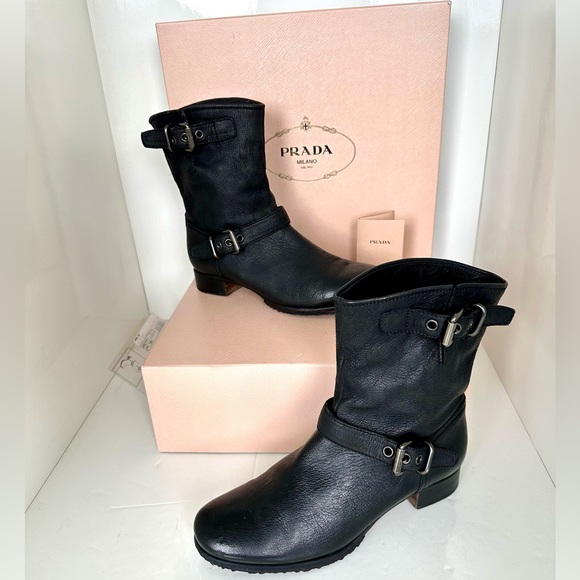 Prada Shoes - Authentic Prada Black “Capra Antic” Leather Moto Ankle Boot with Double Buckle